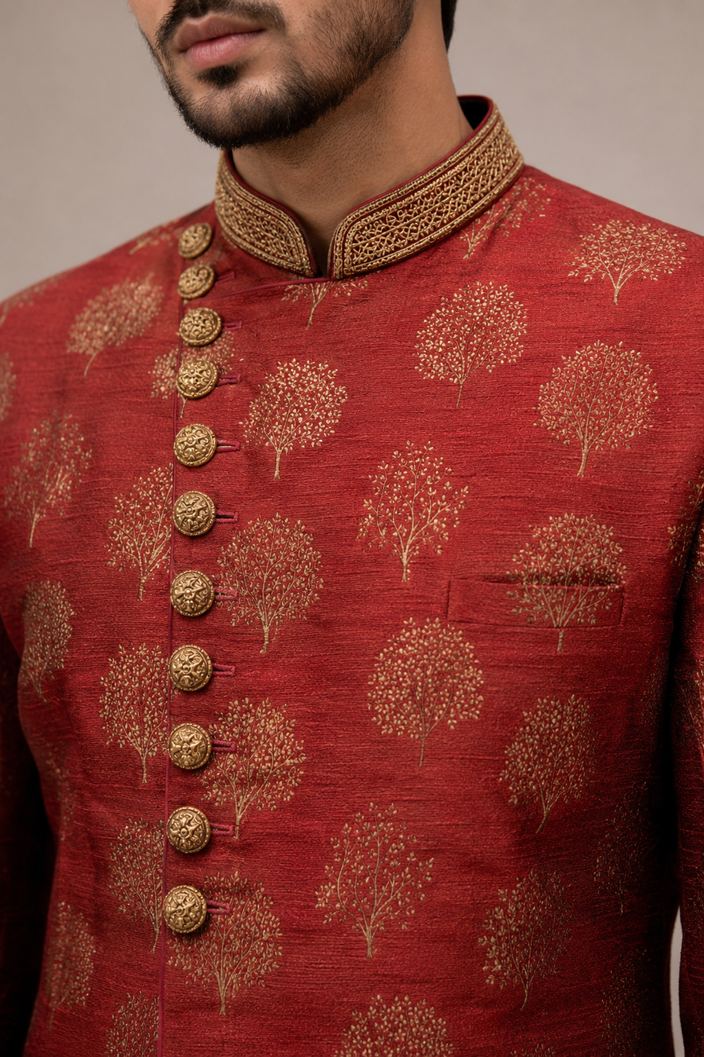 Rani Pink Art Silk Indo Western for Men with Print and Neck Hand Work
