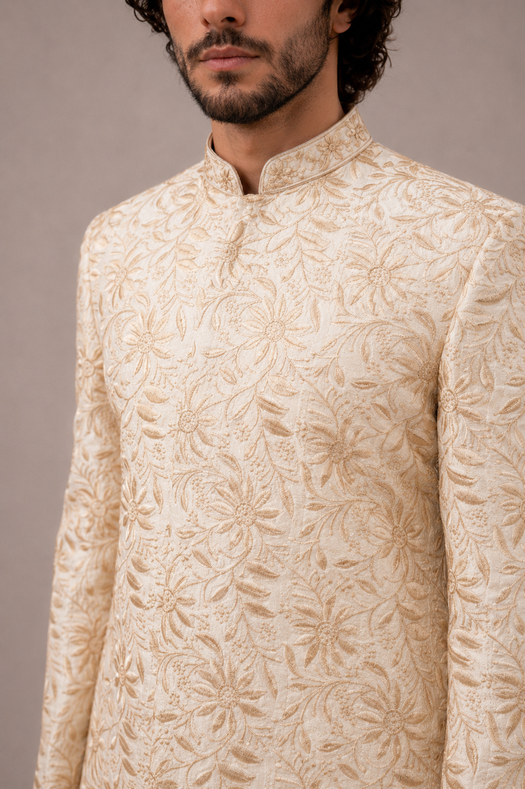 Cream Silk Sherwani with Thread Work