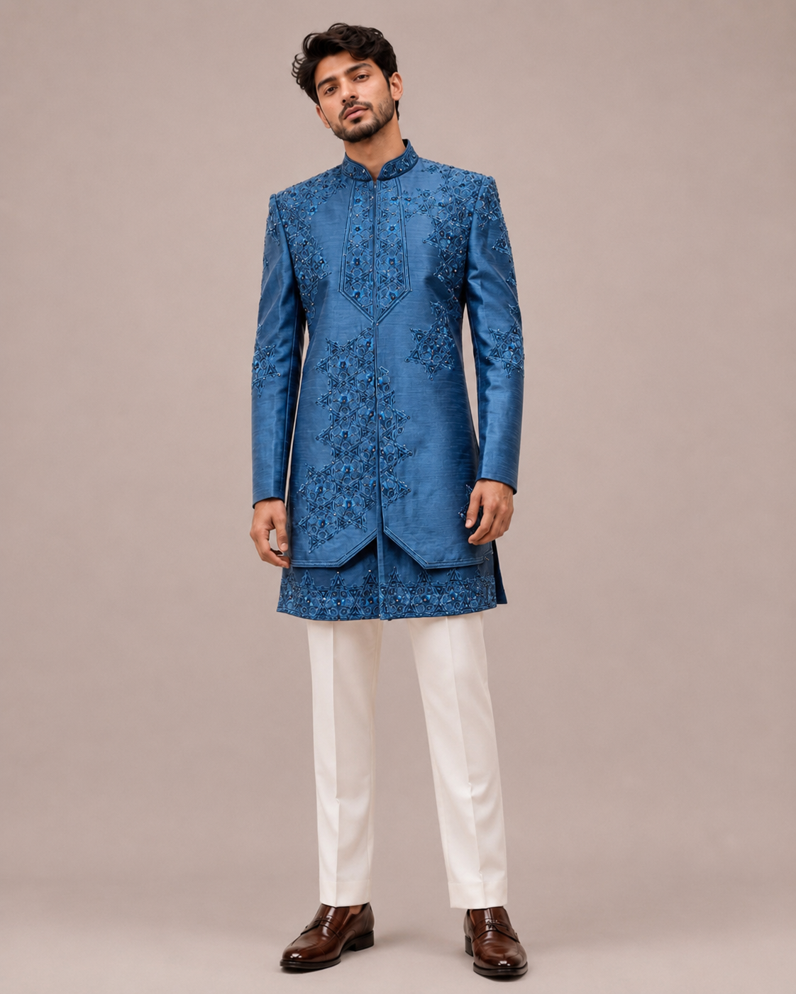 Aqua Banaglori Silk Indo Western for Men with Hand Work