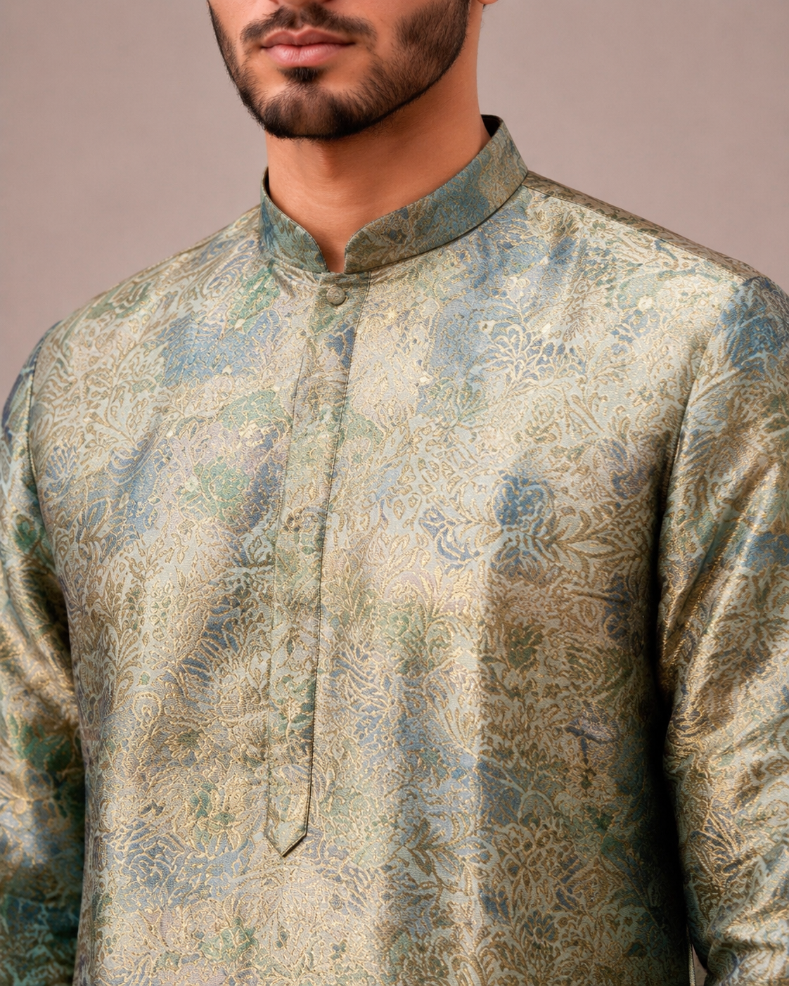 Aqua Brocade Print Kurta Set with Khab Fabric and Weave Work