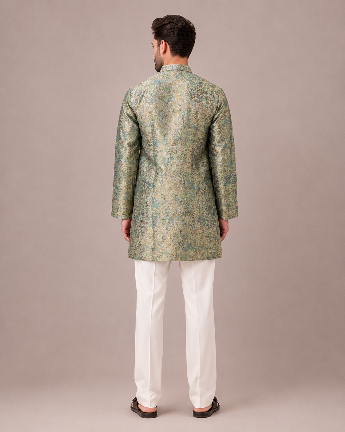 Aqua Brocade Print Kurta Set with Khab Fabric and Weave Work