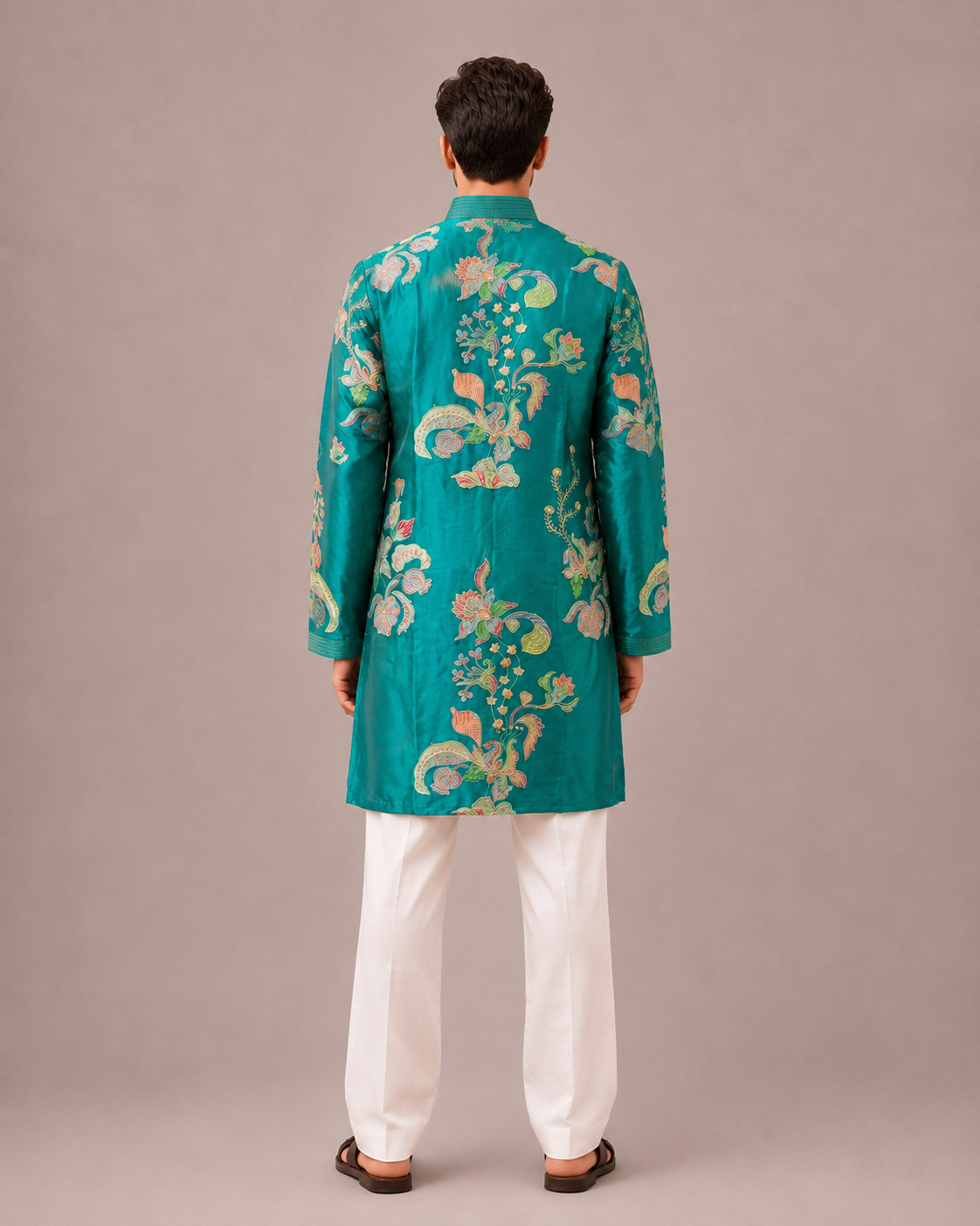 Aqua Silk Kurta Set for Men with Hand Work
