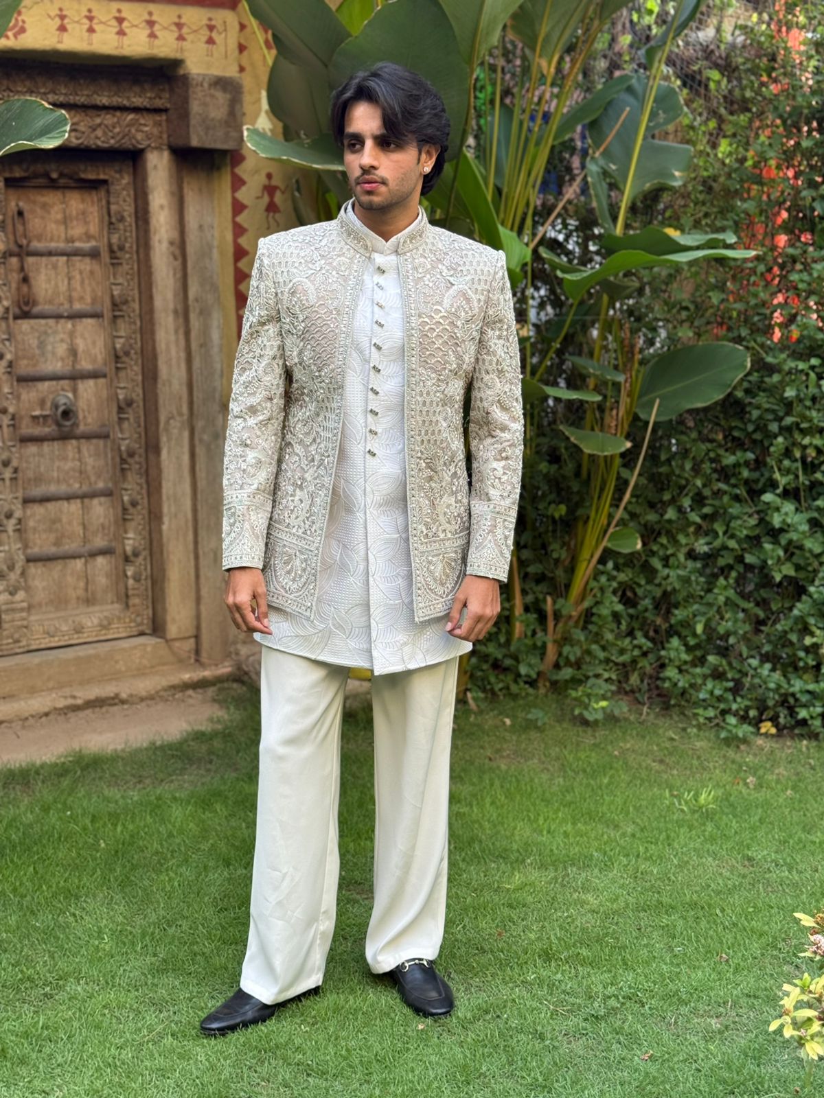 Beige Art Silk Open Indo Western with Resham, Pearl, and Sequins Work