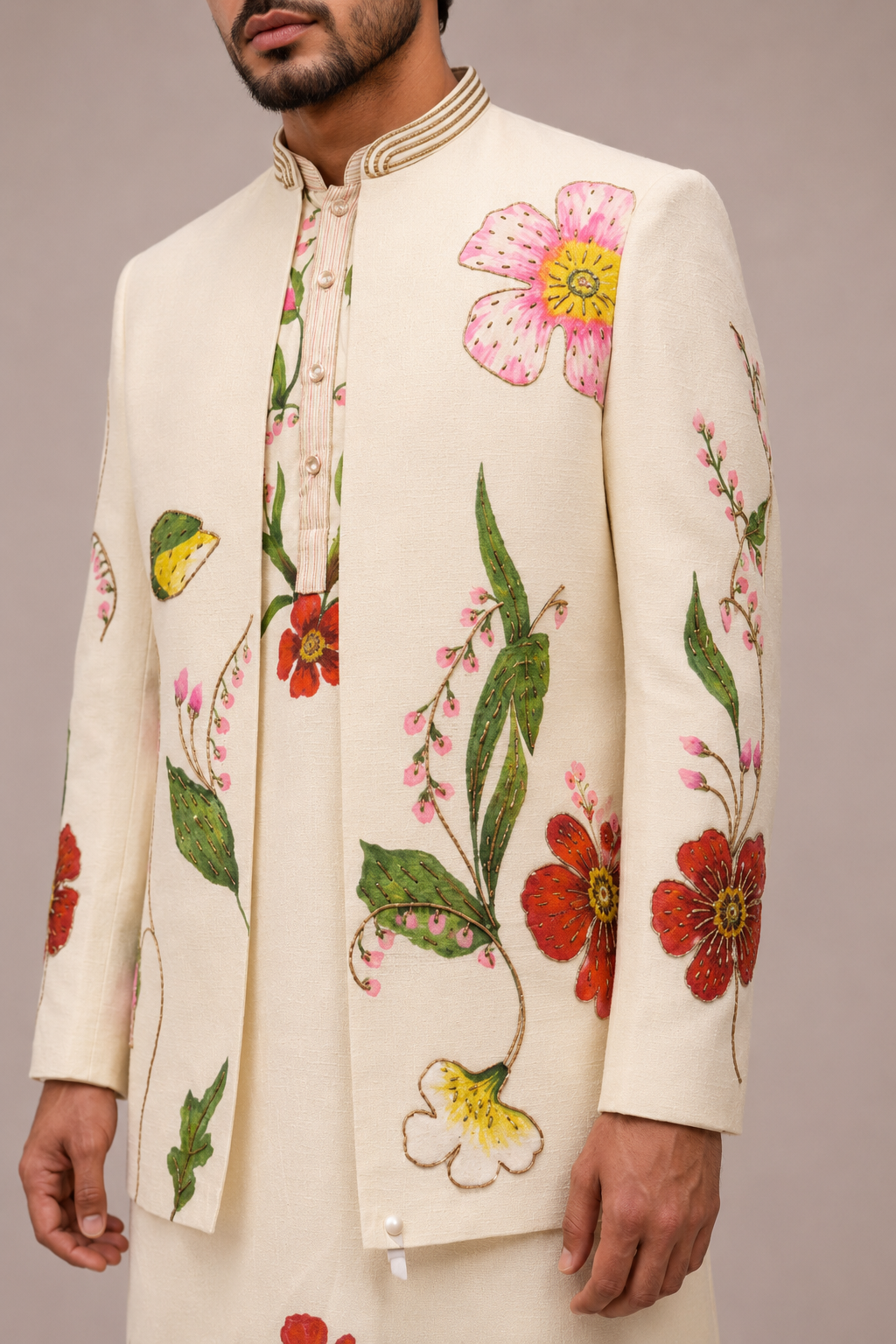 Beige Art Silk Indo Western with Hand Print and Embroidery Work