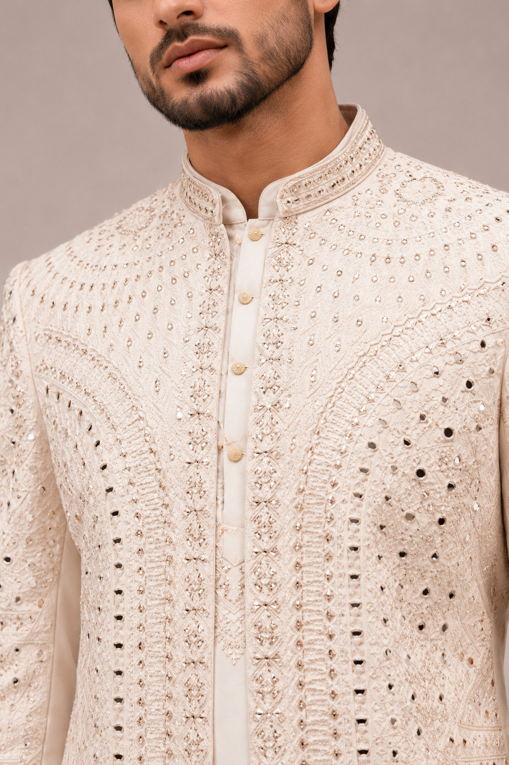 Beige Banaglori Silk Indo Western for Men with Mirror Work