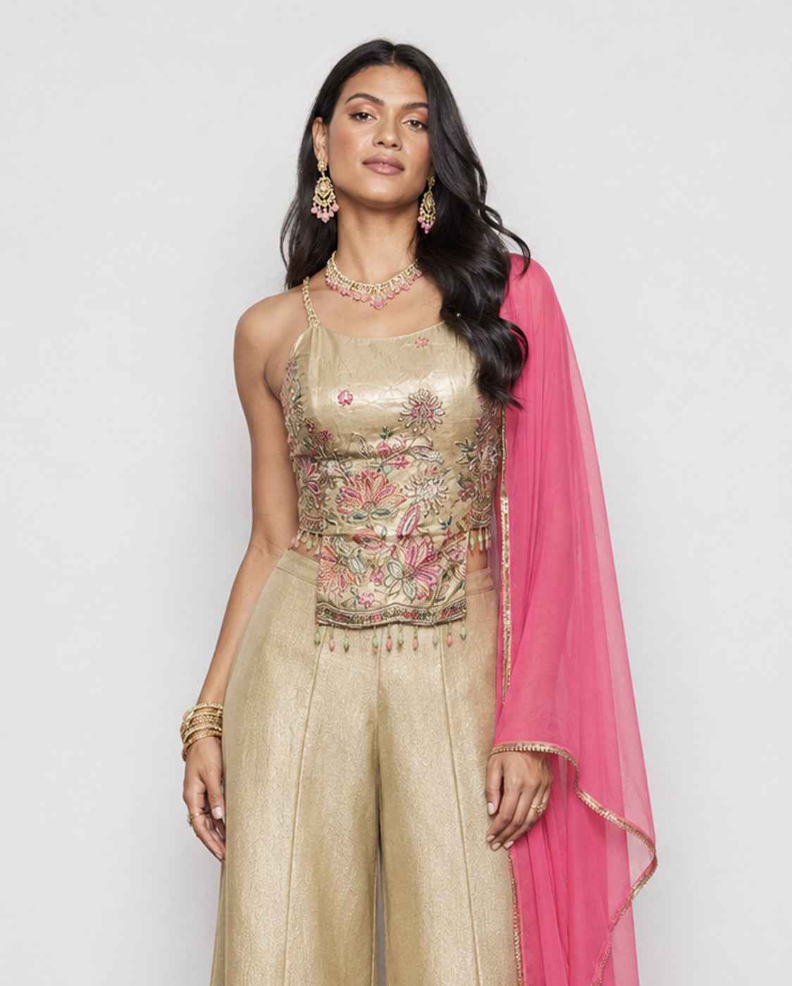 Beige Crush Fabric Indo Western with Resham Embroidery Work