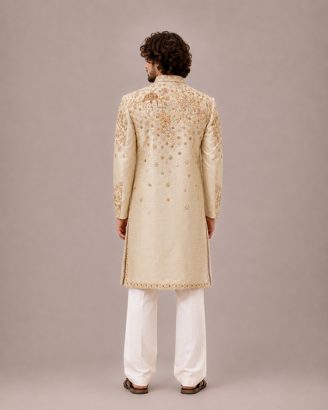 Beige Matka Silk Sherwani with Hand Work