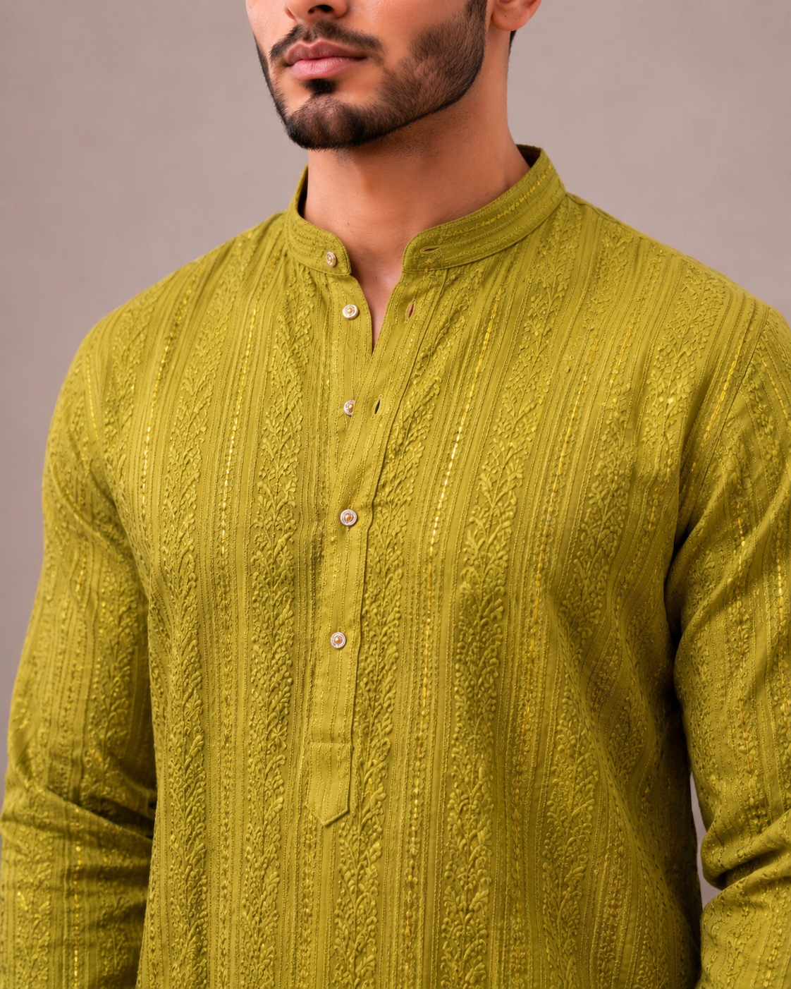 Beige Mustard Lakhnavi Kurta Set with Lakhnavi Work