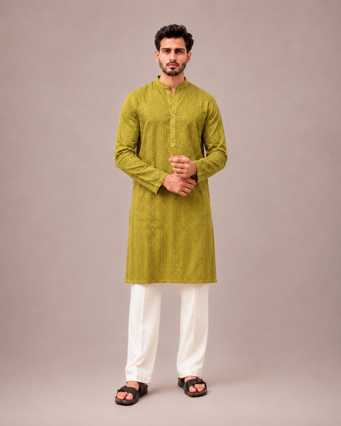 Beige Mustard Lakhnavi Kurta Set with Lakhnavi Work