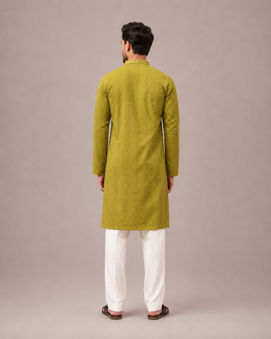 Beige Mustard Lakhnavi Kurta Set with Lakhnavi Work