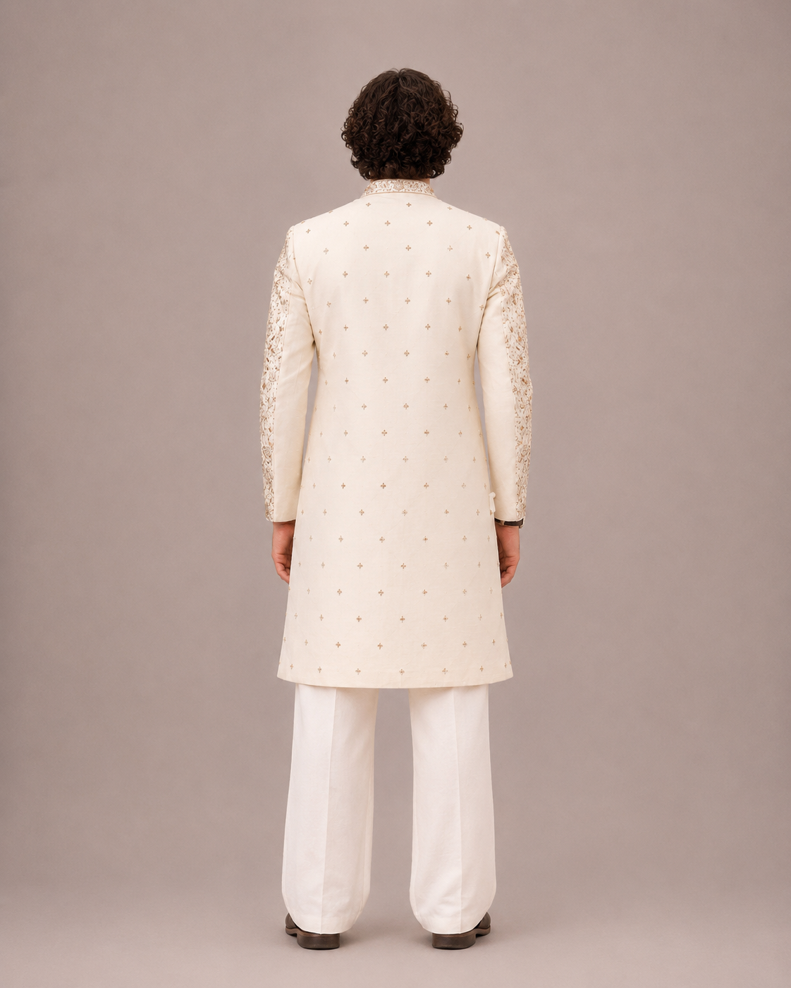 Beige Raw Silk Wedding Sherwani with Hand Embroidery Work