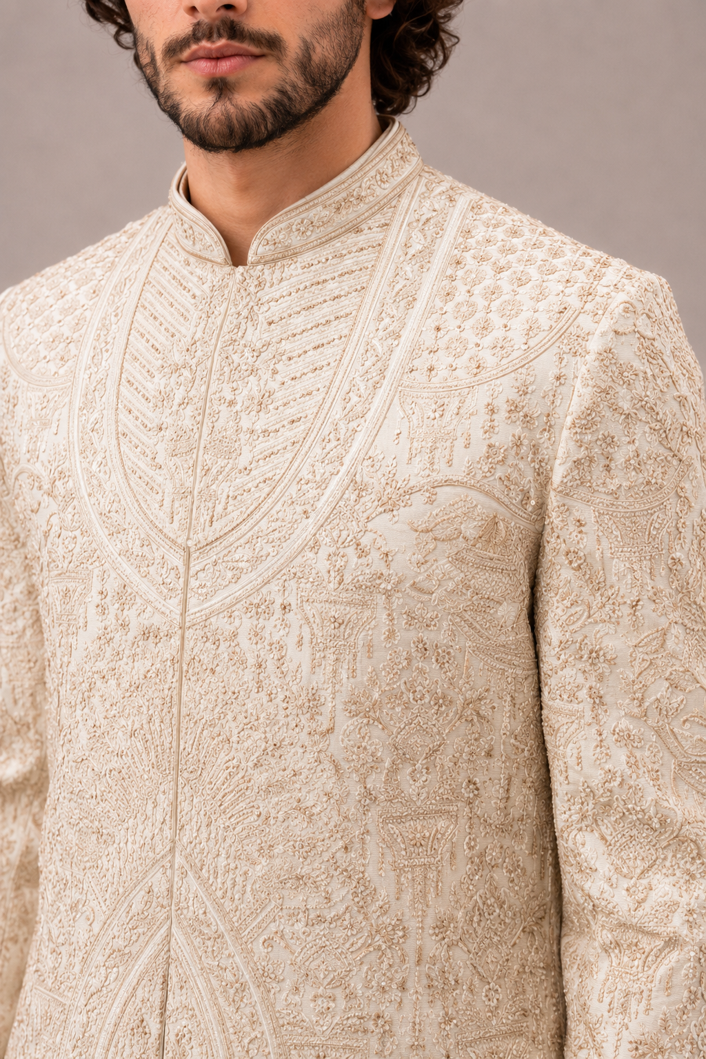 Beige Silk Sherwani with Dupatta with Machine and Hand Work