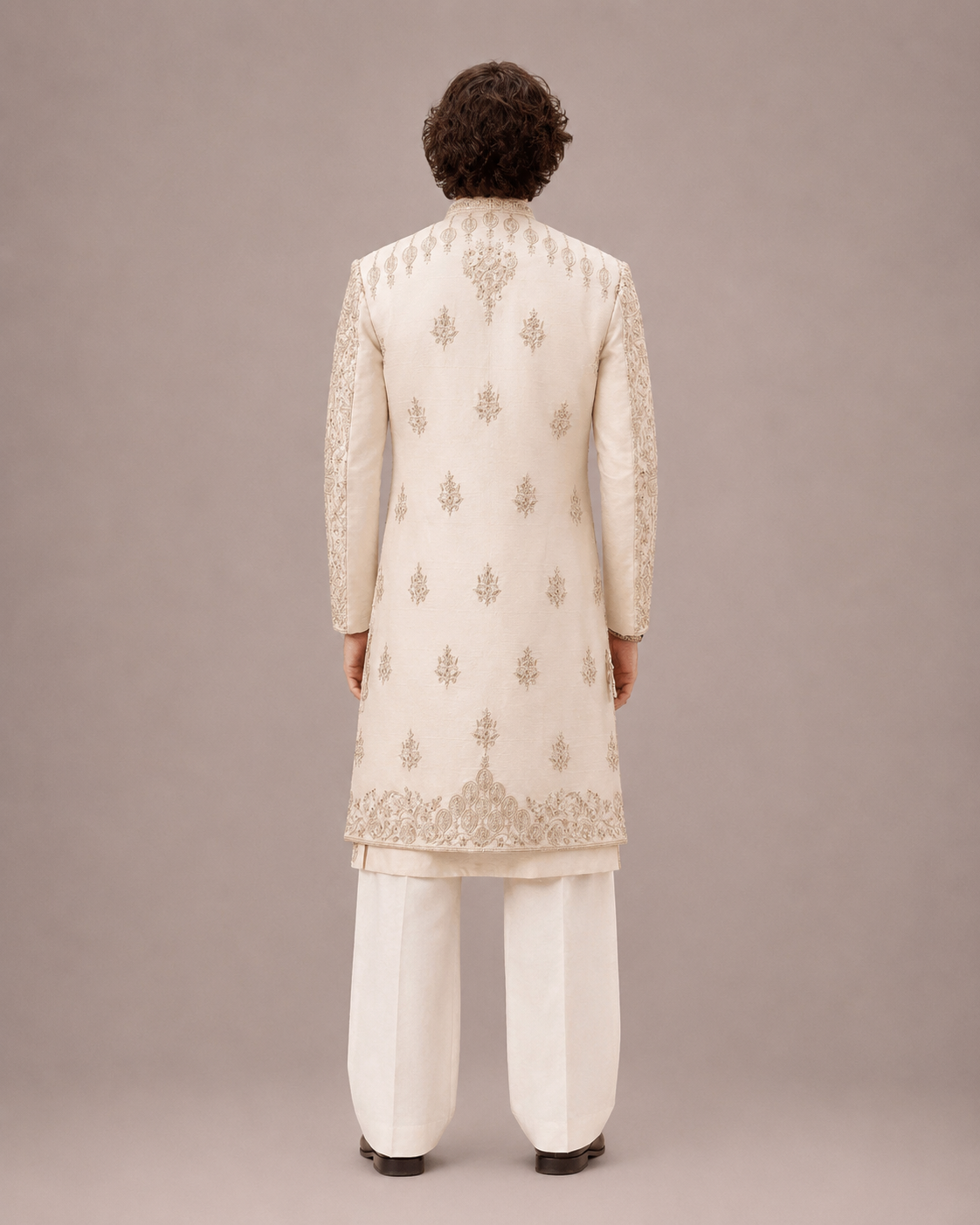 Beige Silk Sherwani with Dupatta with Machine and Hand Work