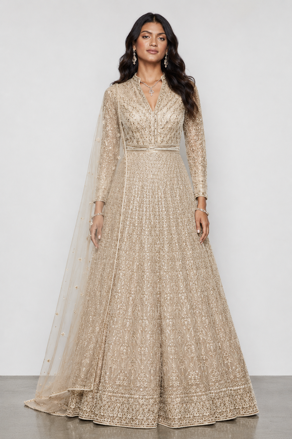 Beige Soft Net Gown with Moti Kardana Gota Patti and Sequins Work