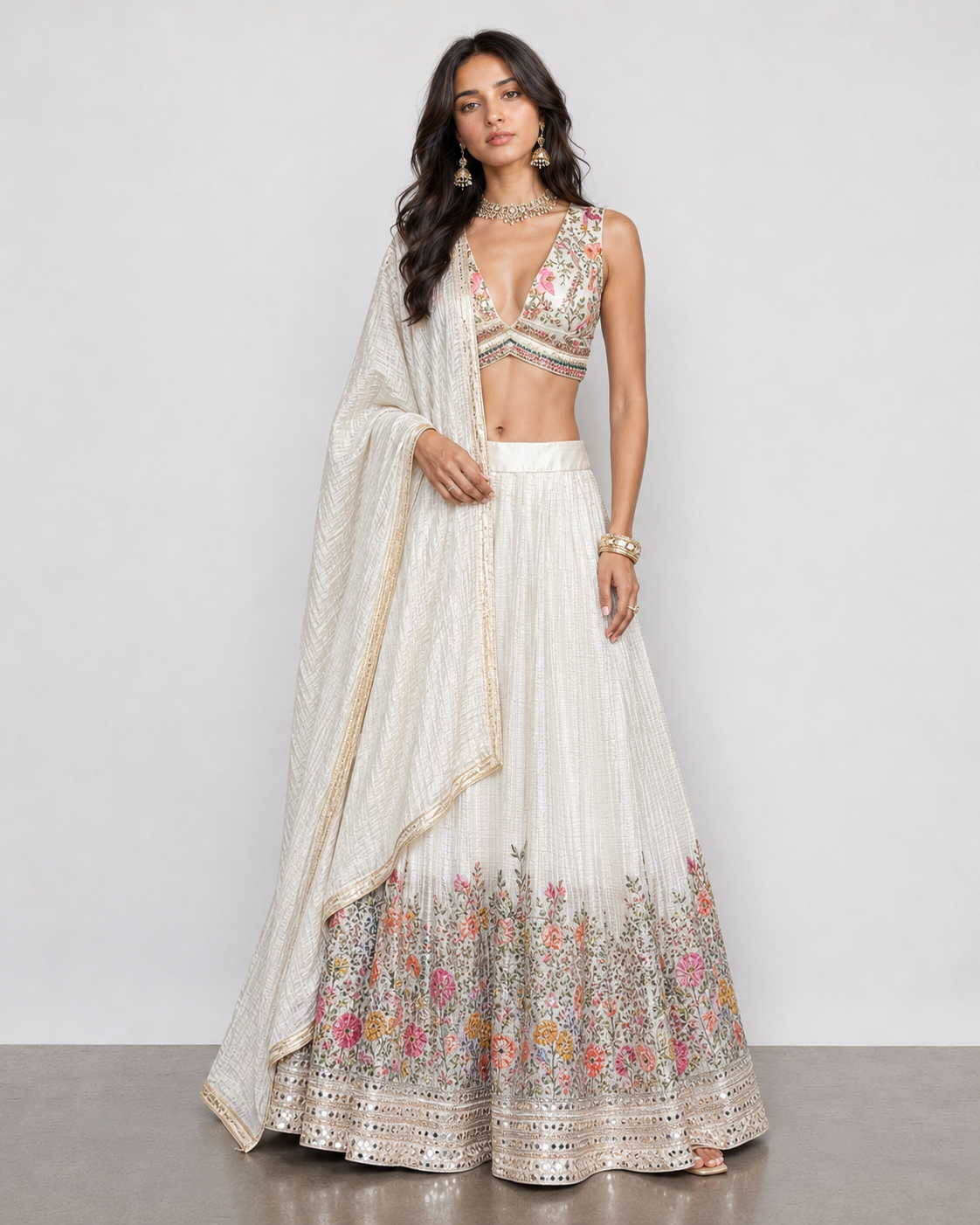 Beige Tissue Silk Lehenga Choli with Resham, Zardozi and Kardana Work