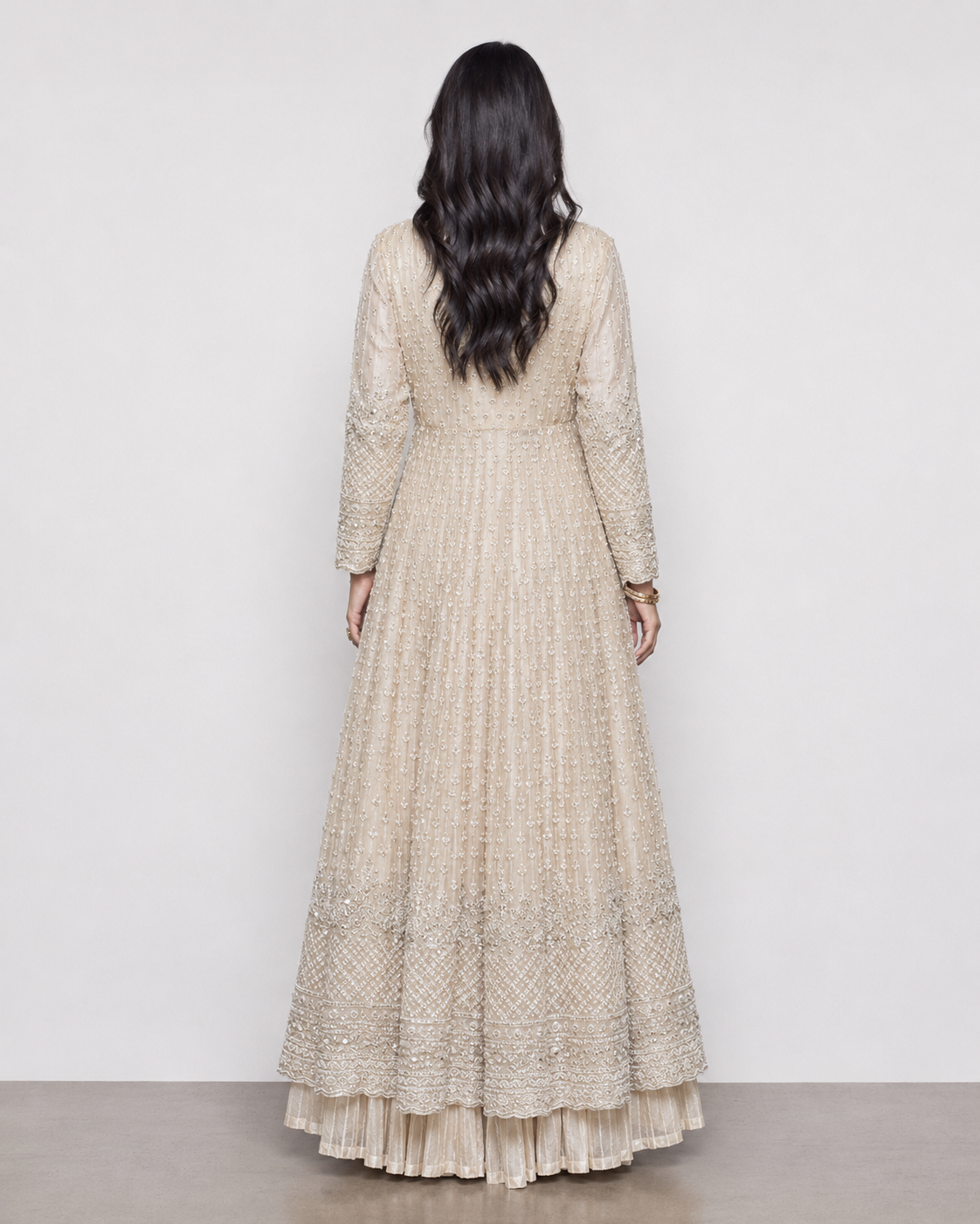 Biscuit Organza Silk Indo Western with Pearl Moti Sequence and Organza Work