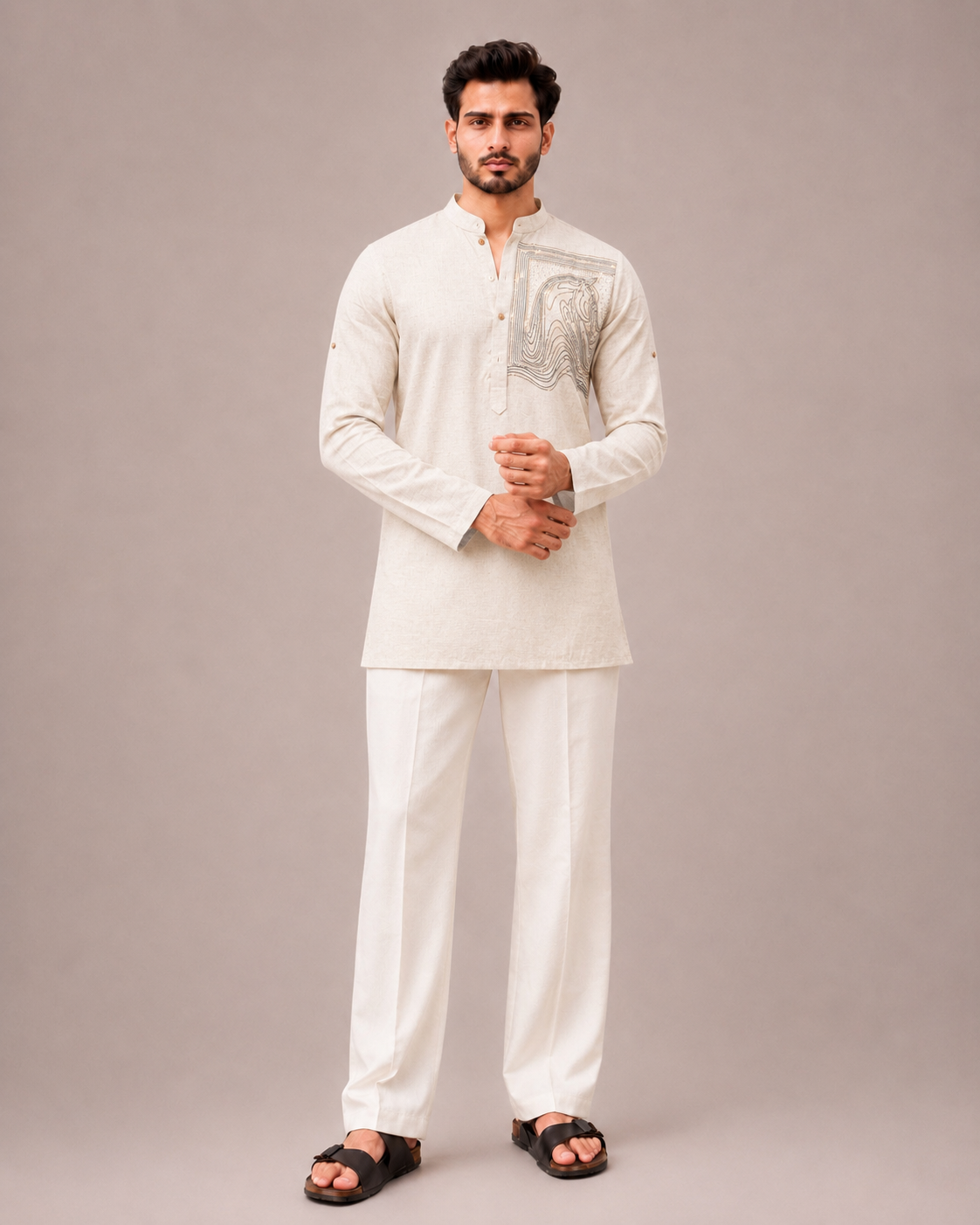 Biscuit Linen Fabric Kurta Set with Hand Diamond Work