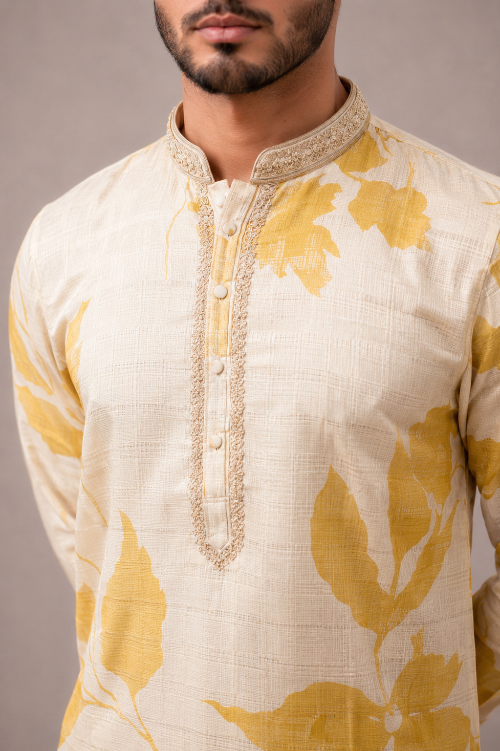 Biscuit Linen Yellow Kurta Set with Print and Bead Work