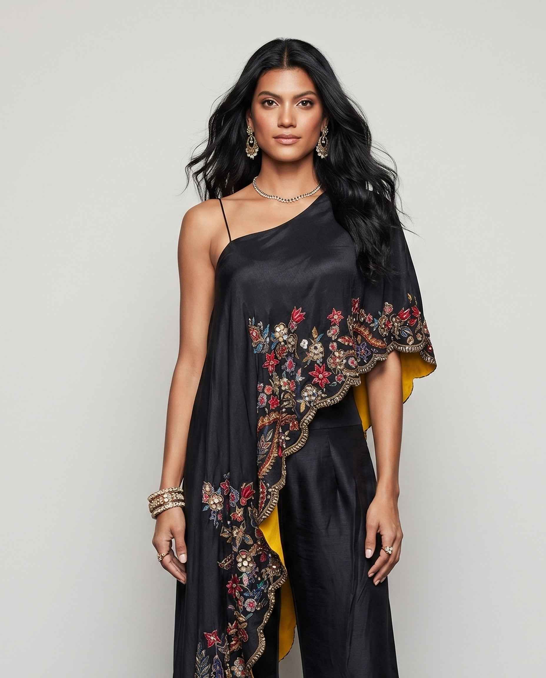 Black Soft Silk Indo Western with Copper Resham Sequence and Hand Work