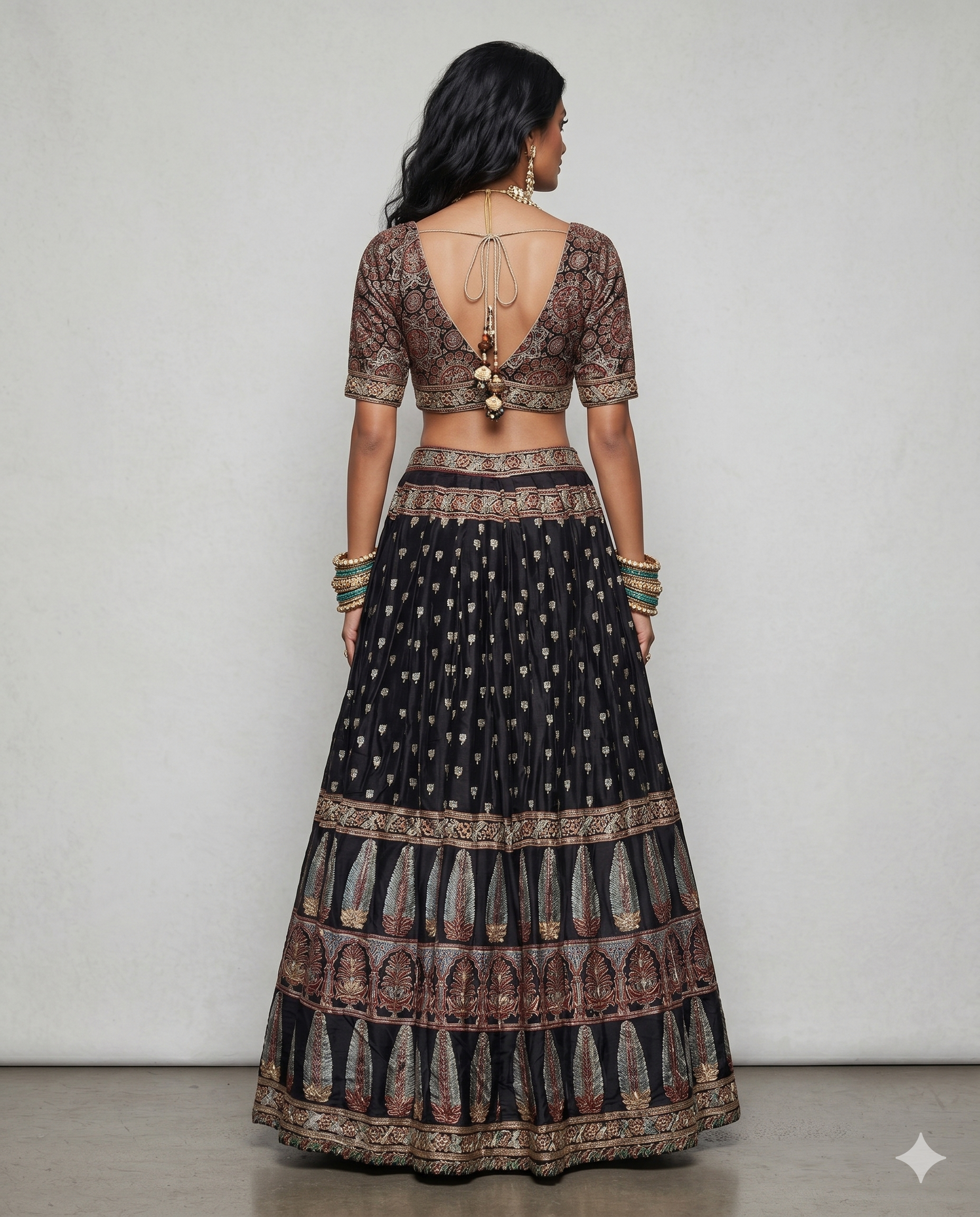 Black Ajrak Silk Lehenga Choli with Ajrak Print and Kashab Work
