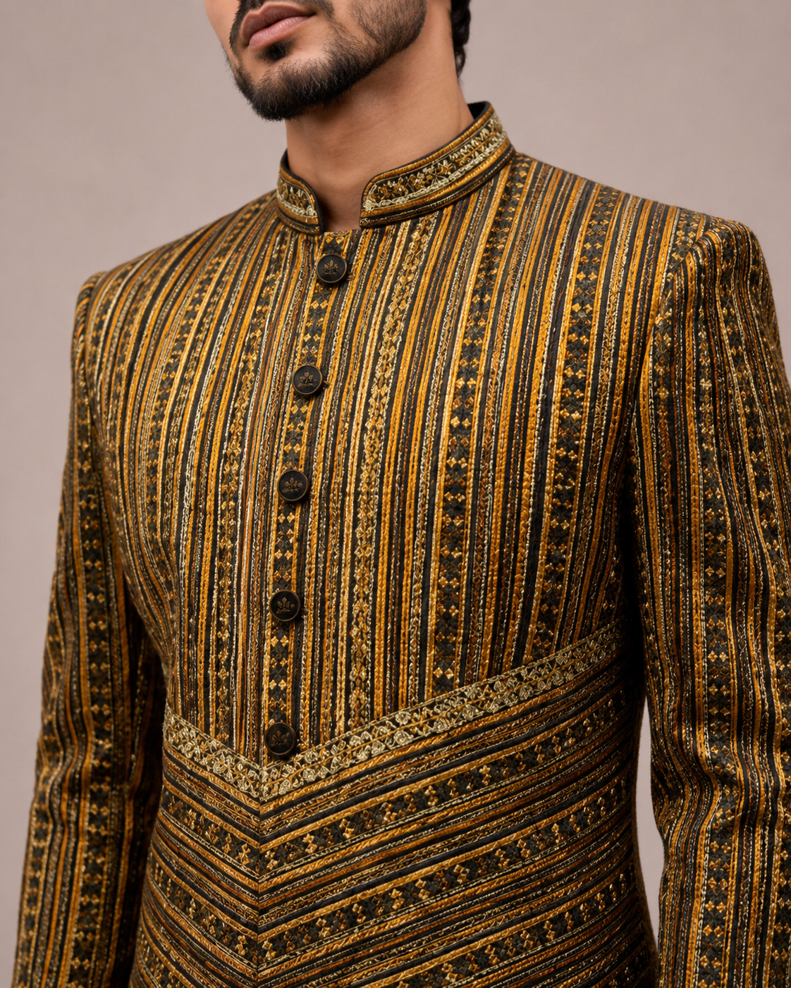 Black Gold Satin Silk Indo Western for Men with Drape Kurta and Embroidery Work