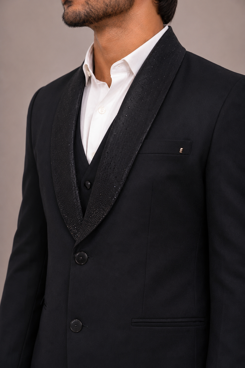 Black Imported Fabric Bannevis 5 Piece Suit with Broad Lapel