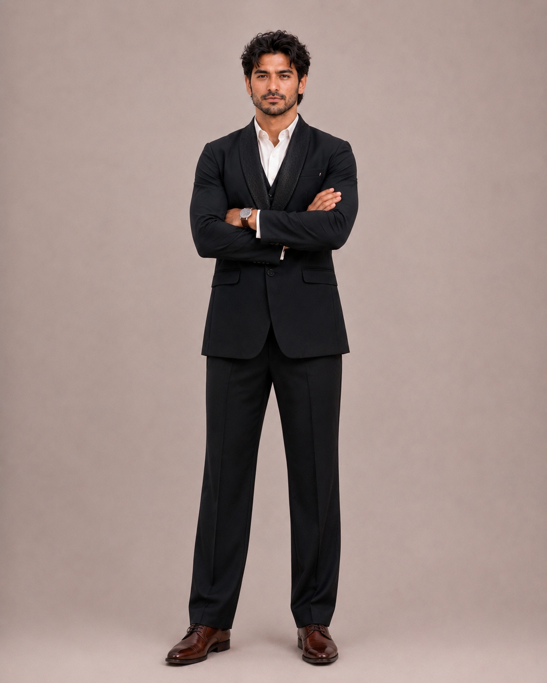Black Imported Fabric Bannevis 5 Piece Suit with Broad Lapel