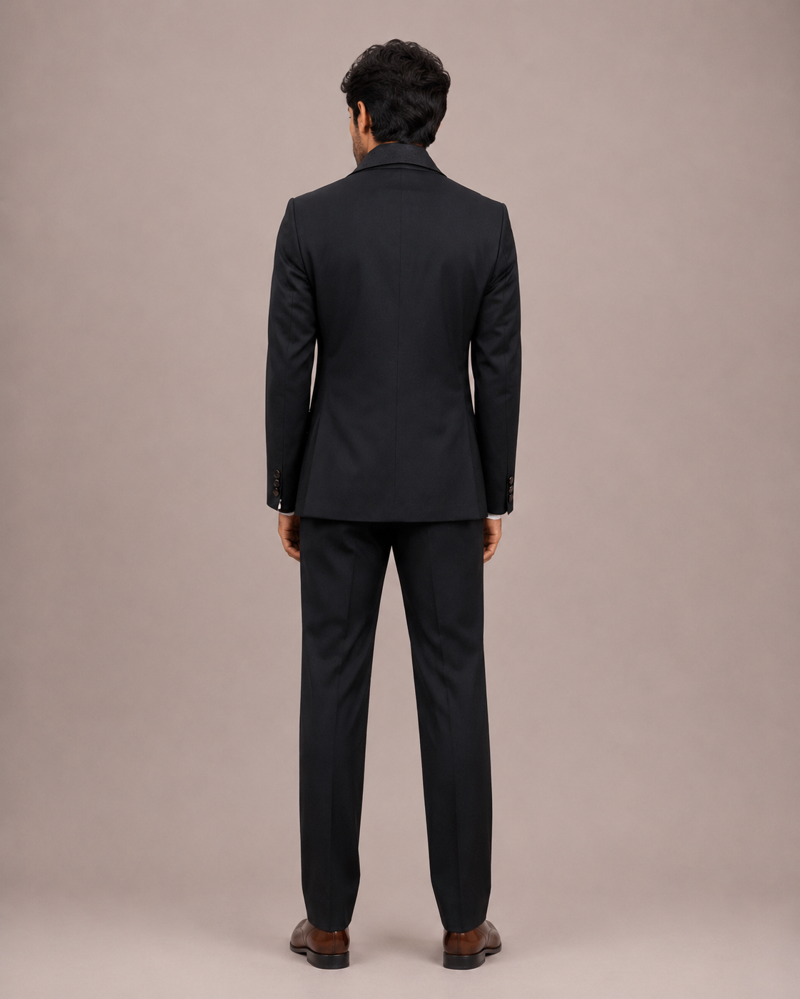 Black Imported Fabric Bannevis 5 Piece Suit with Broad Lapel