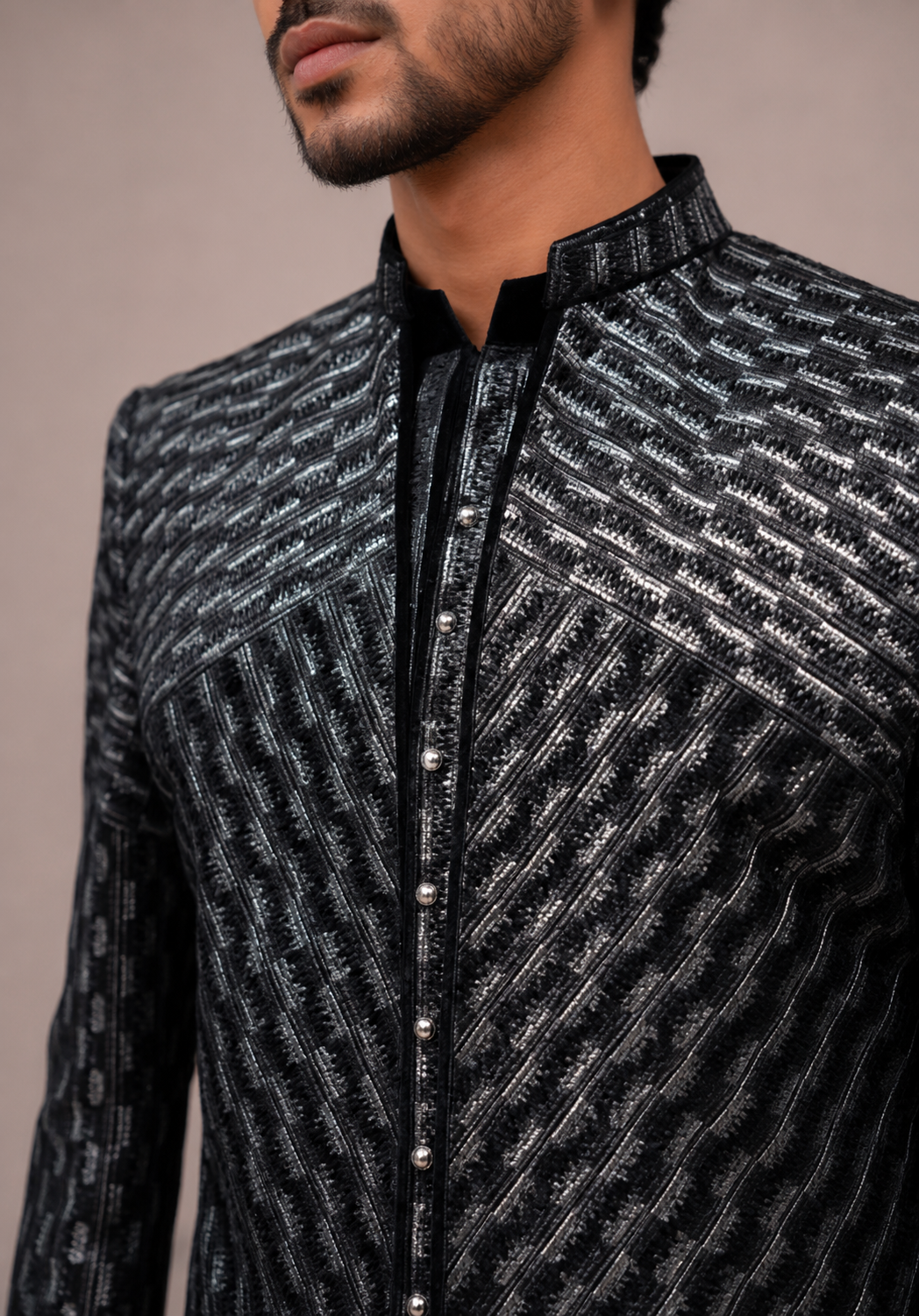 Black Imported Fabric Indo Western for Men with Computer Work