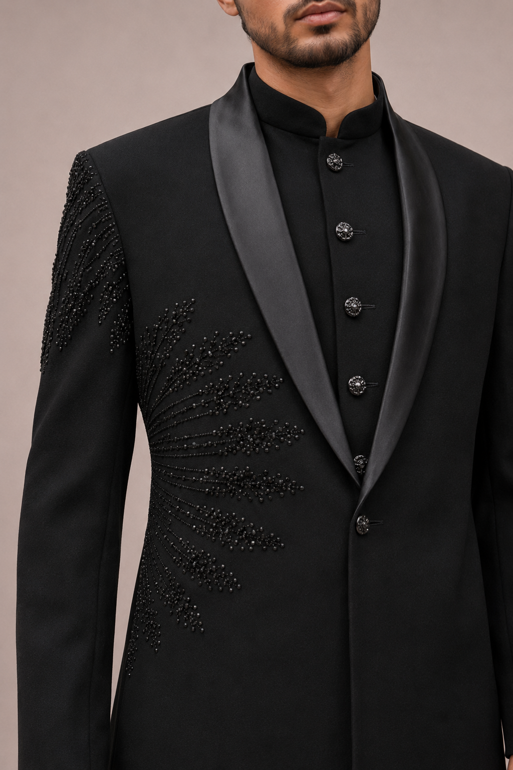 Black Imported Fabric Indo Western for Men with Koti Silk and Hand Embroidery Work