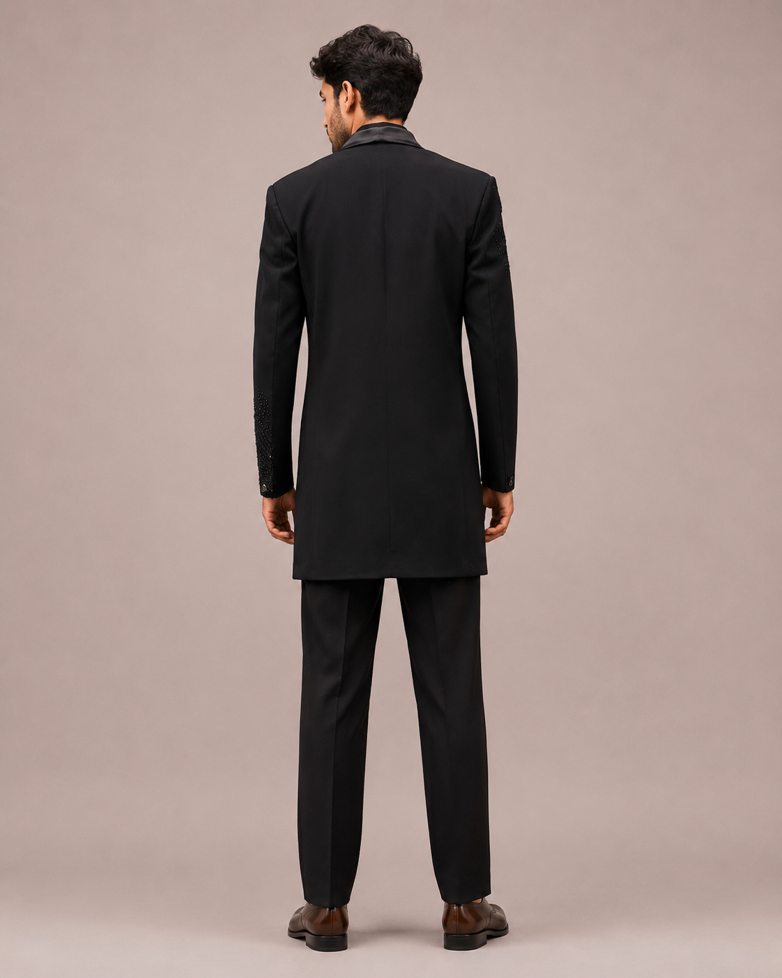 Black Imported Fabric Indo Western for Men with Koti Silk and Hand Embroidery Work