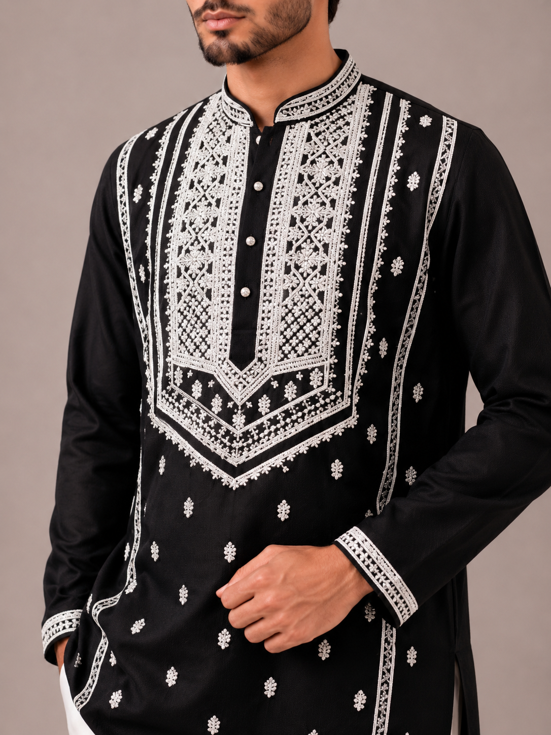 Black Korean Fabric Kurta Set with Computer Work
