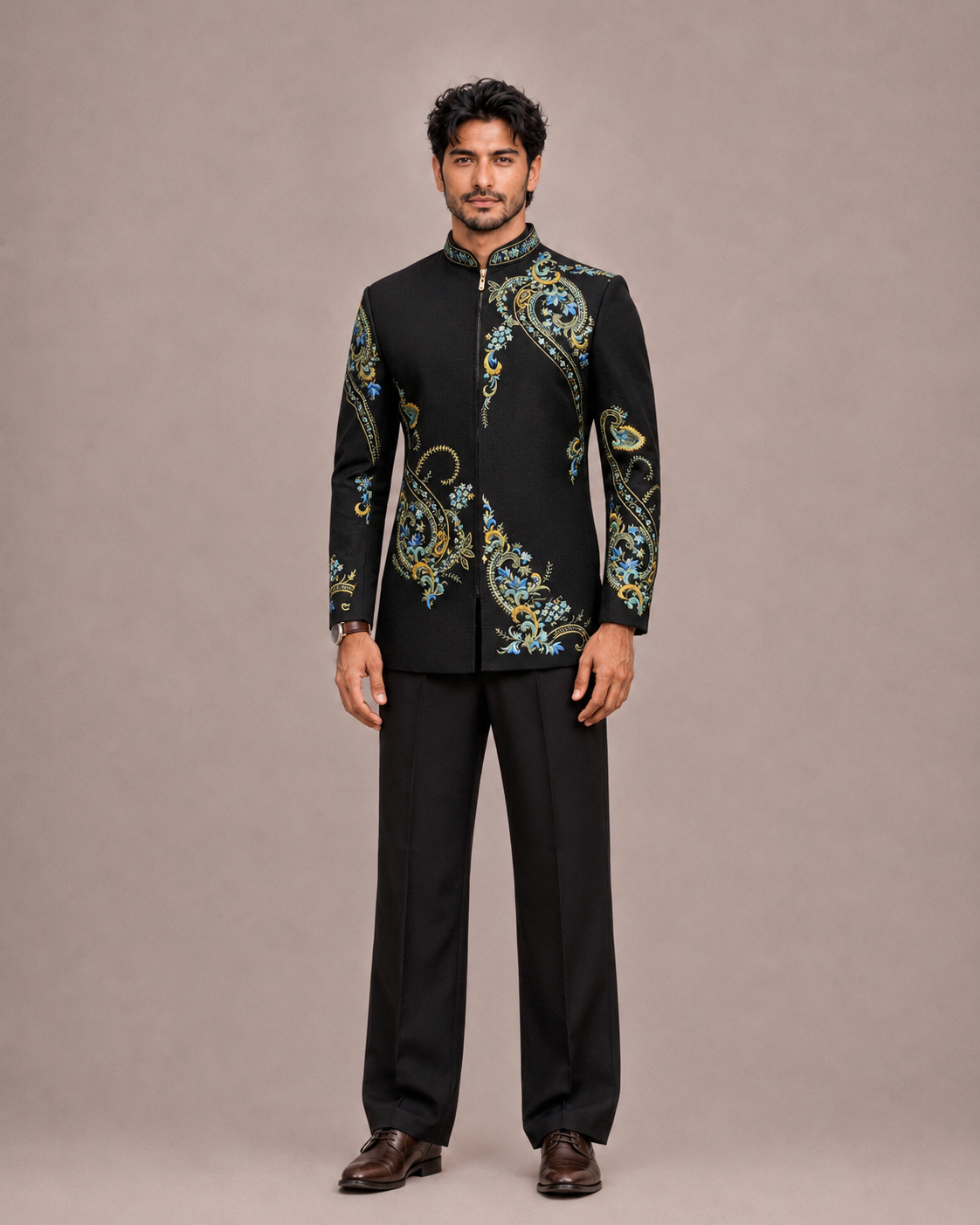 Black Pure Raw Silk Jodhpuri Suit with Hand and Machine Embroidery