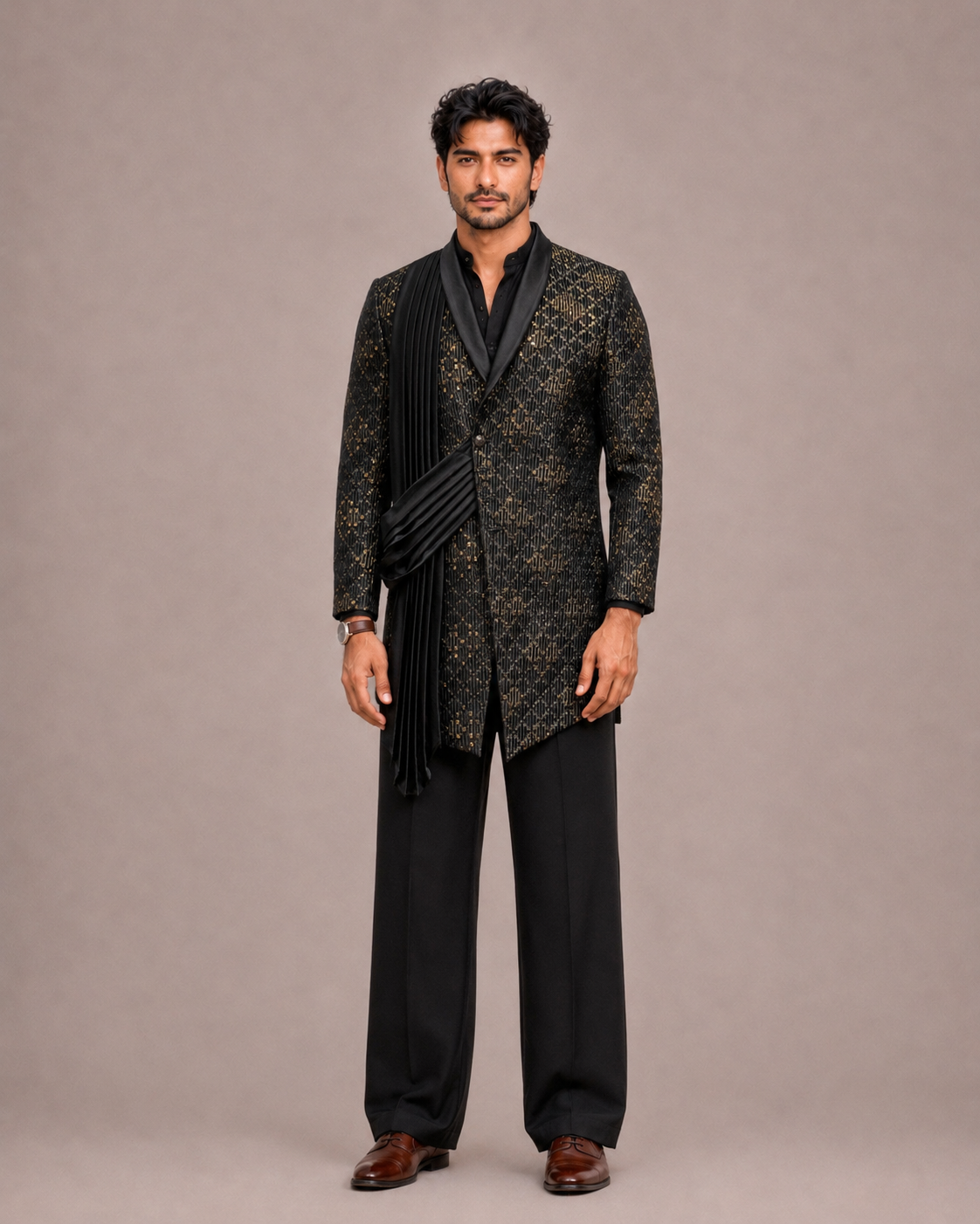 Black Satin Silk Jodhpuri Suit for Men with Machine Work