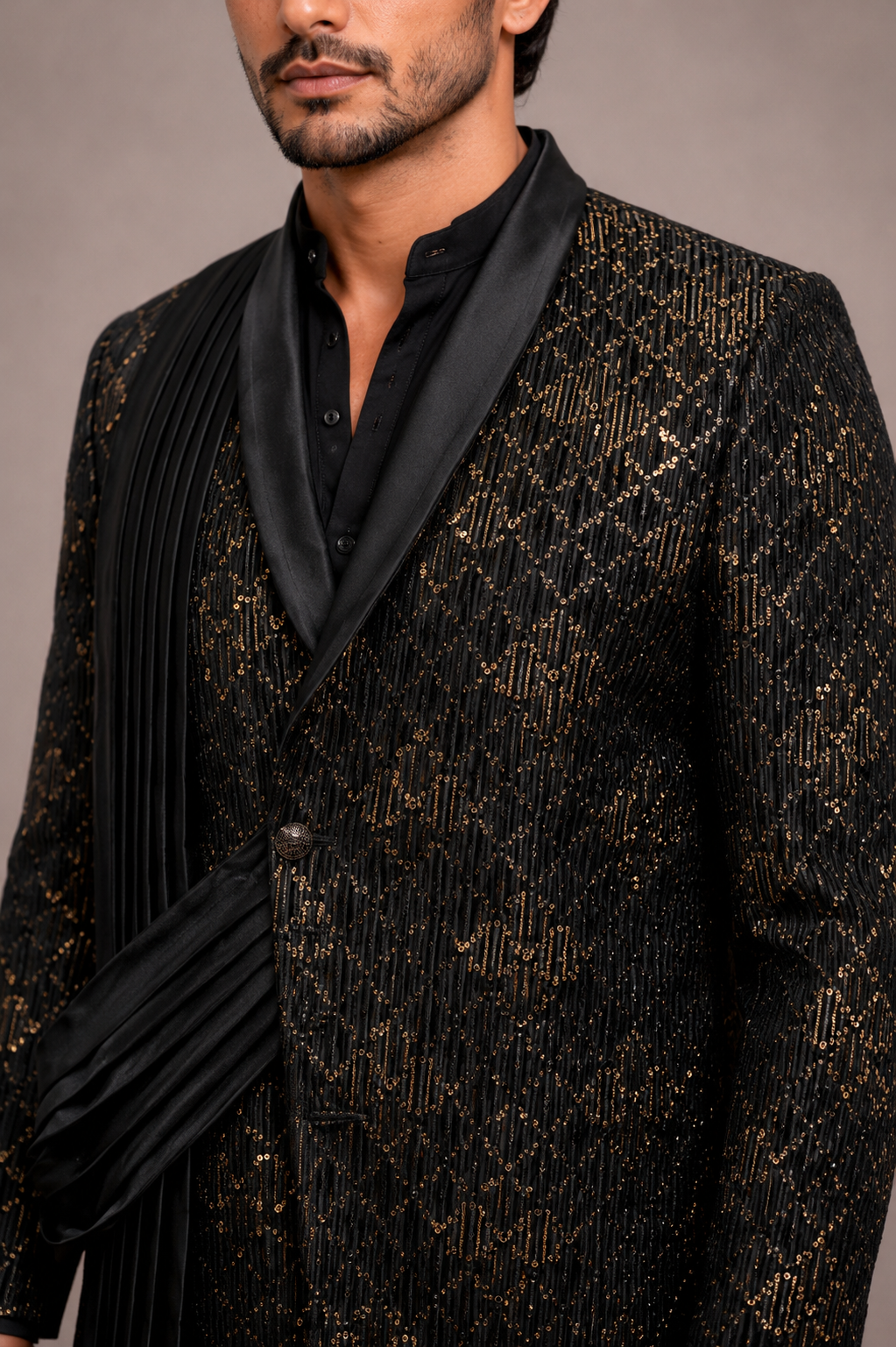 Black Satin Silk Jodhpuri Suit for Men with Machine Work