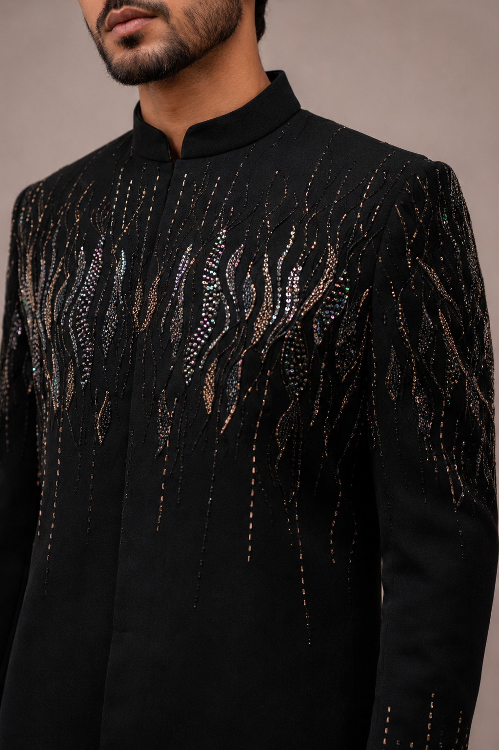 Black Silk Indo Western for Men with Hand Work