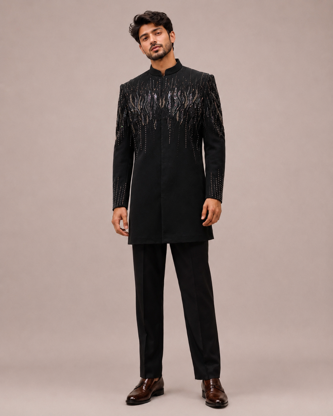 Black Silk Indo Western for Men with Hand Work