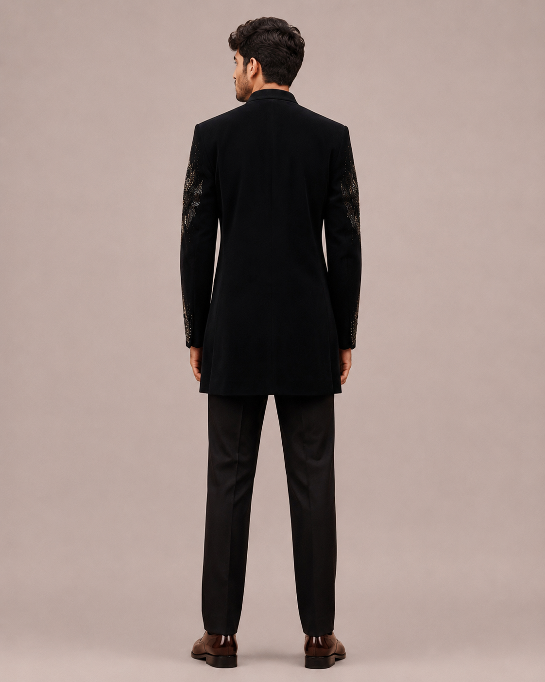 Black Silk Indo Western for Men with Hand Work