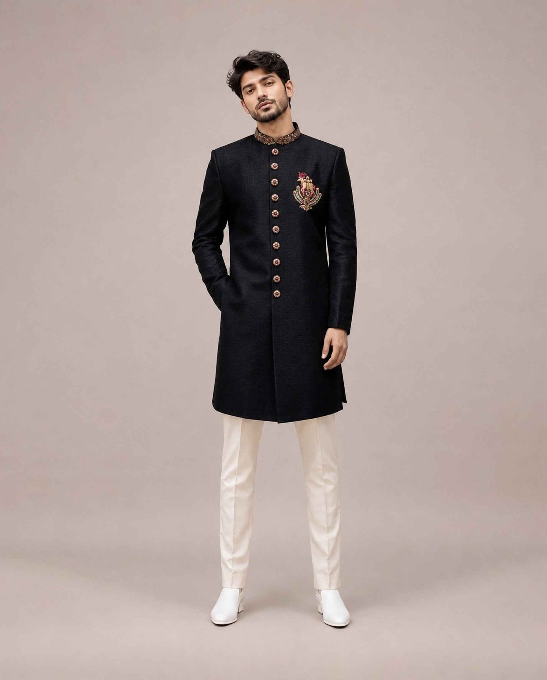 Black Silk Indo Western with Hand and Machine Embroidery Work