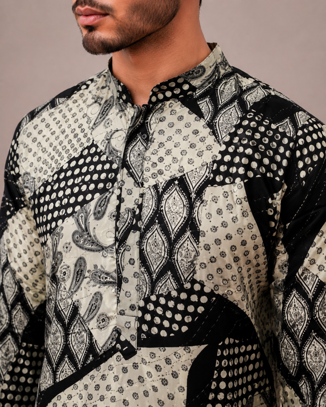 Black Silk Kurta Set with Artistic Print and Surface Work
