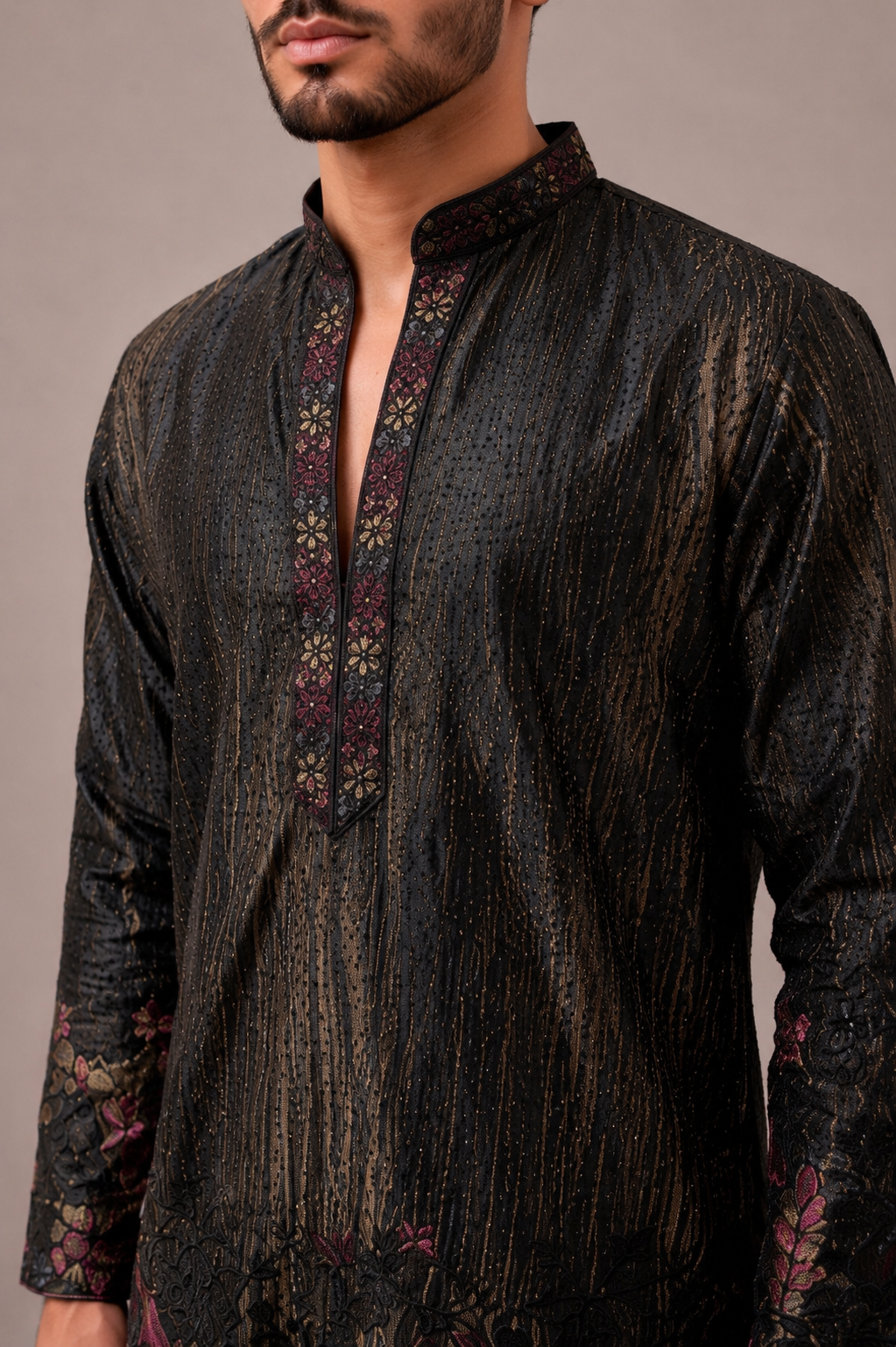 Black Silk Kurta Set with Machine Thread Work
