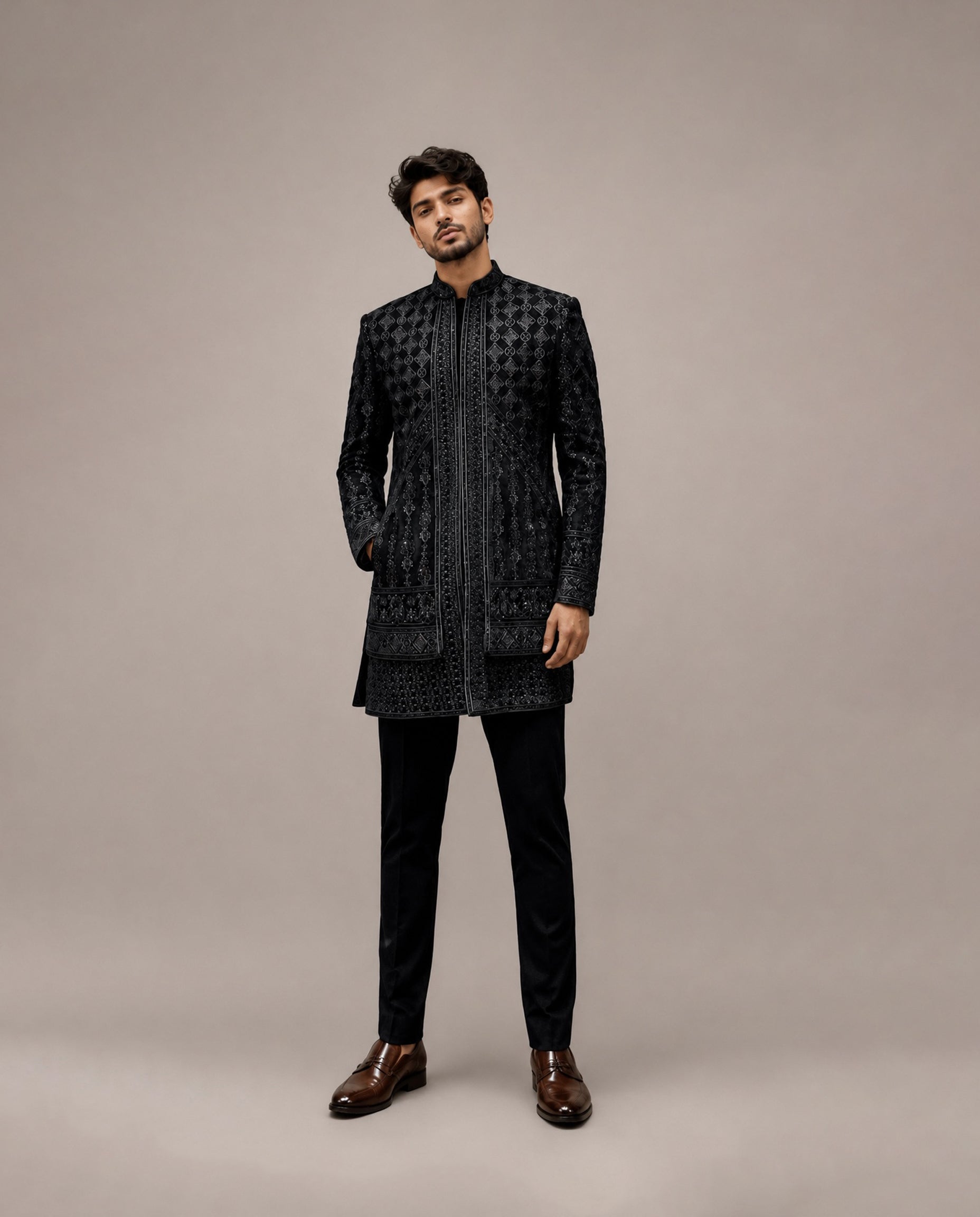 Black Velvet Front Open Indo Western