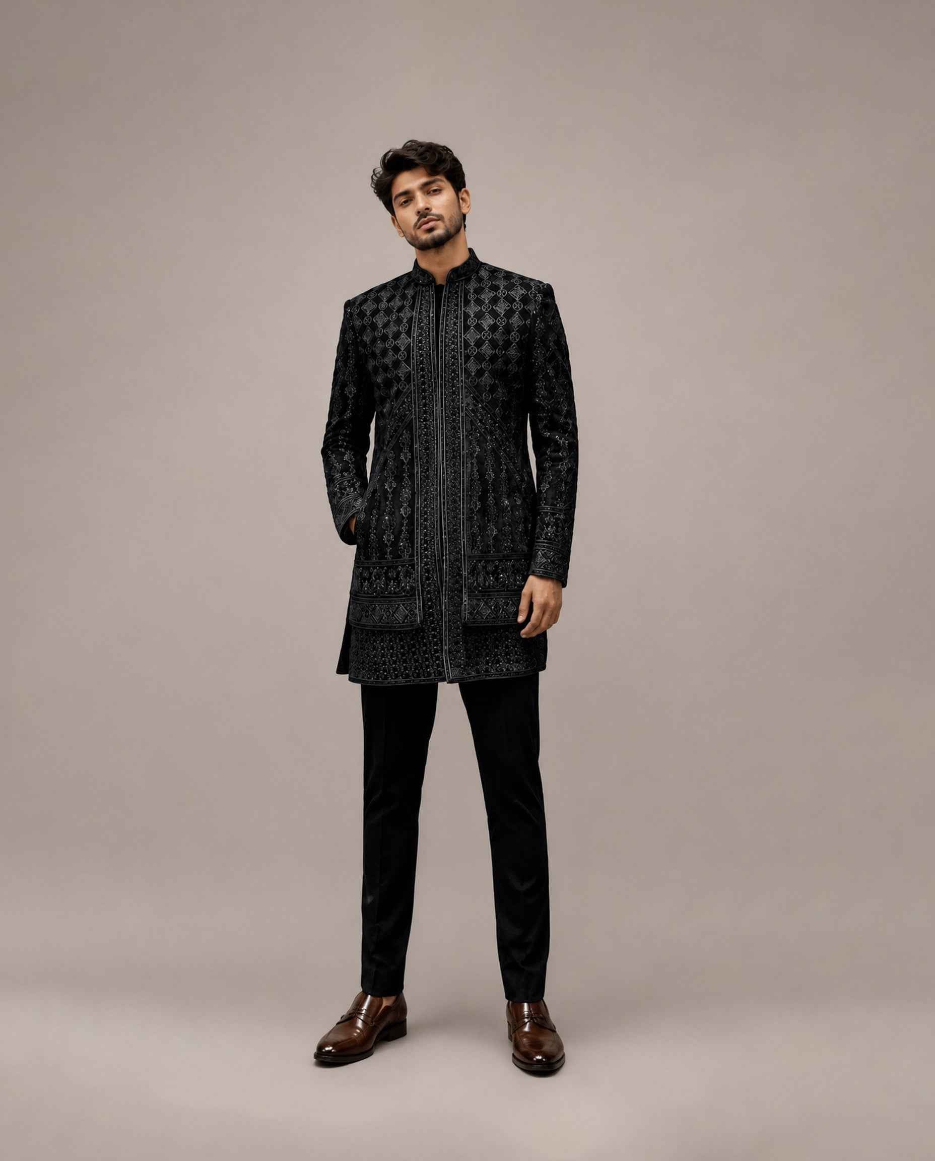 Black Velvet Front Open Indo Western with Cutdana and Velvet Machine Work