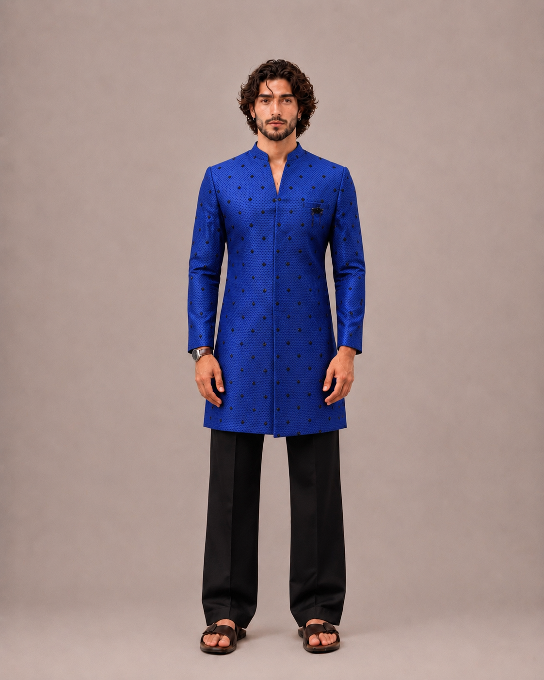 Blue Italian Fabric Sherwani with High Neck and Cutdana Work