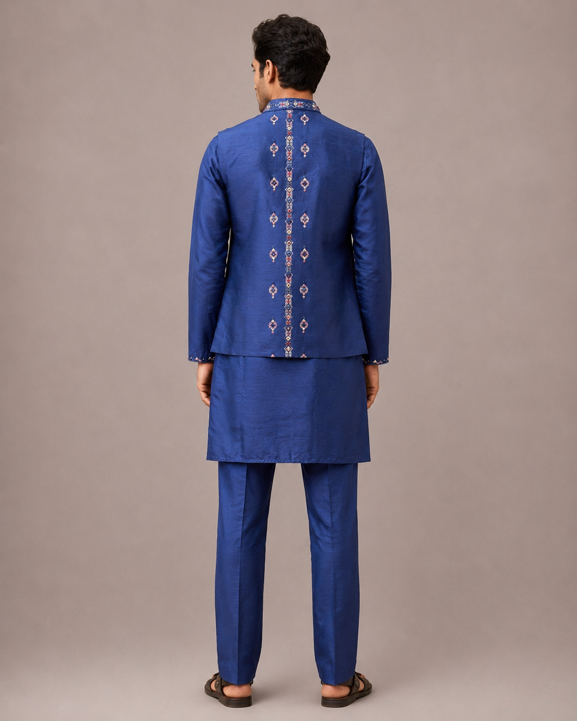 Blue Silk Jacket Set with Machine Embroidery and Mirror Work