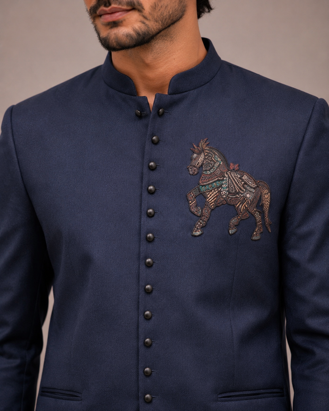 Blue Silk Jodhpuri Suit with Hand Work