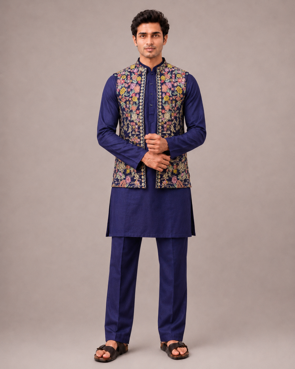 Blue Silk Koti with Machine Embroidery Work