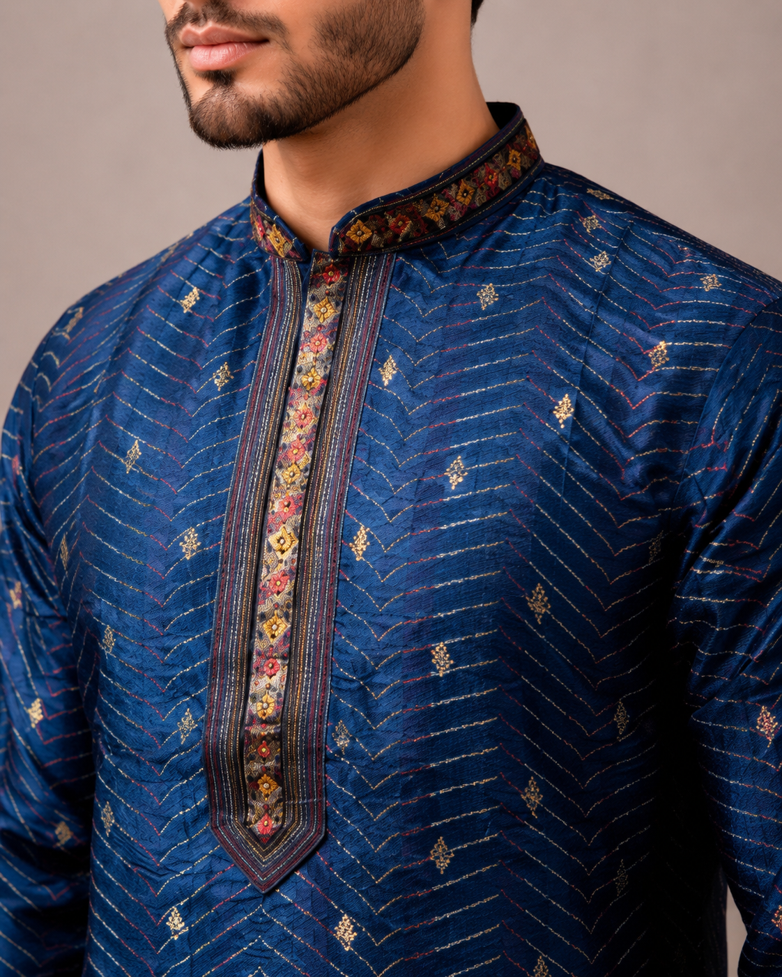 Blue Silk Kurta Set with Print and Thread Embroidery Work