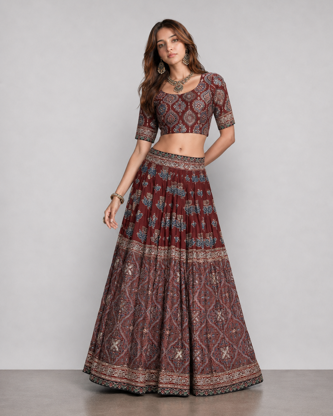 Brown Ajrakh Silk Lehenga Choli with Kashab Work