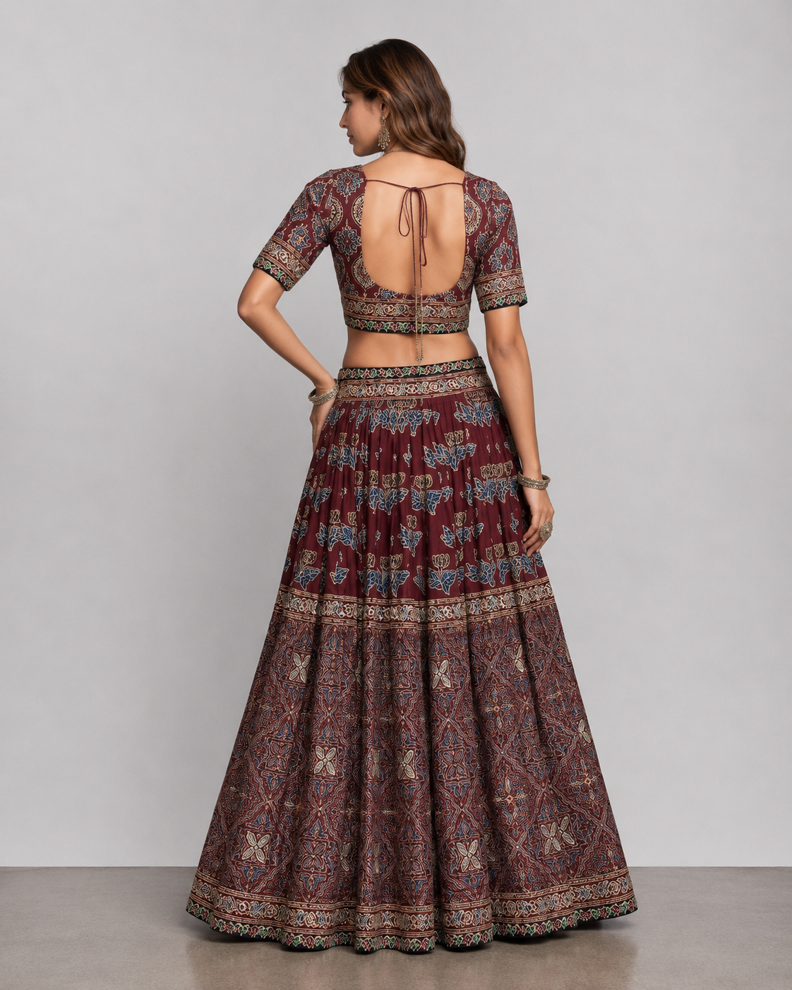 Brown Ajrakh Silk Lehenga Choli with Kashab Work